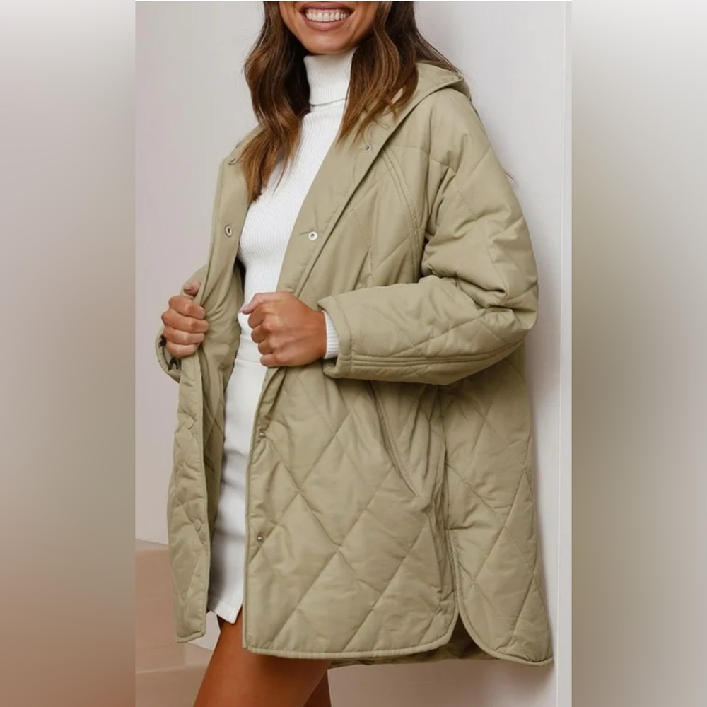 Oversized Quilted Tan Hooded Jacket - Picture 2 of 10